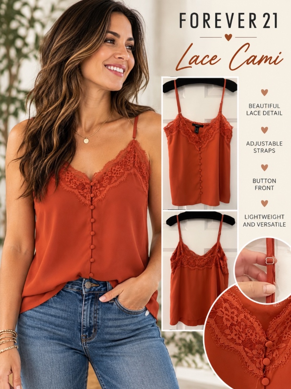 Forever 21 Rust Lace Trim Button Front Cami | Size S